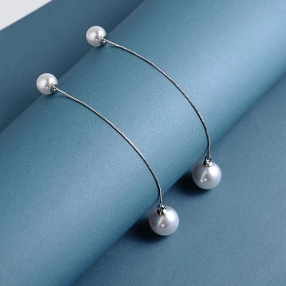 🌟 Sterling Silver 925 Long Imitation Pearl Earrings - Picture 2 of 5